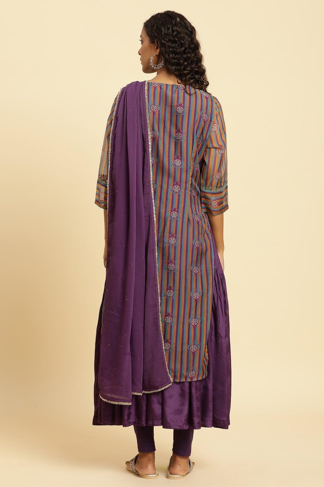 Purple Layered Suzani Printed Kurta, Tights And Dupatta Set - Image 3