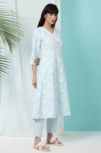Sky Blue Floral Printed Pure Cotton Straight Kurta and Pants Co-ord Set