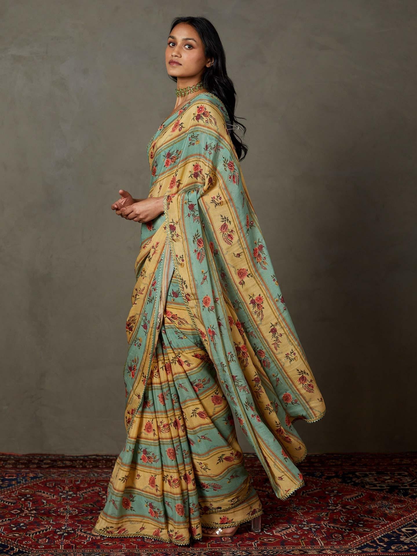 Light Teal Dahlia Saree With Unstitched Blouse - Image 4