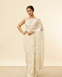 Ivory Cream Bel Buti Patterned Mirror and Stone Work Saree - Image 6
