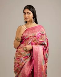 Rani Pink Grid Patterned Saree with Peacock Motifs - Image 6